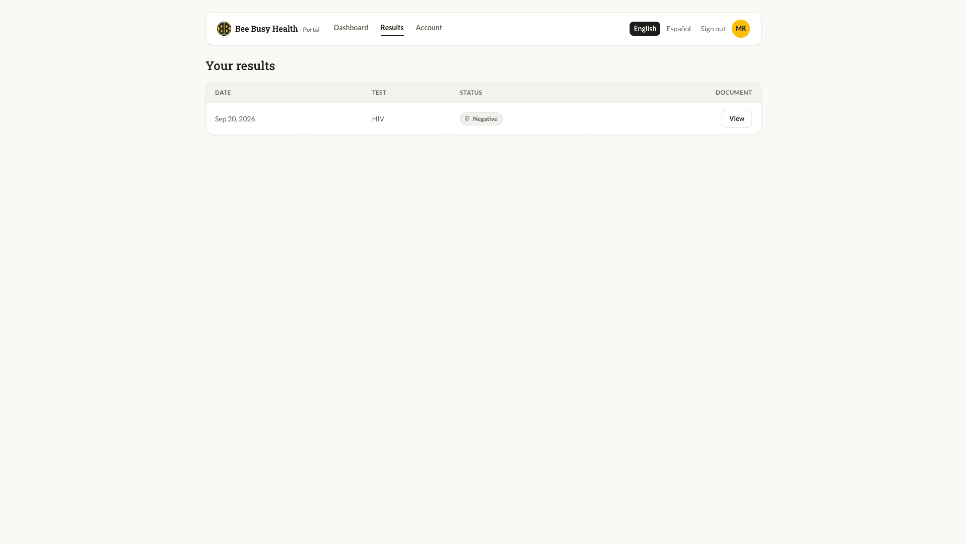 Patient portal results page