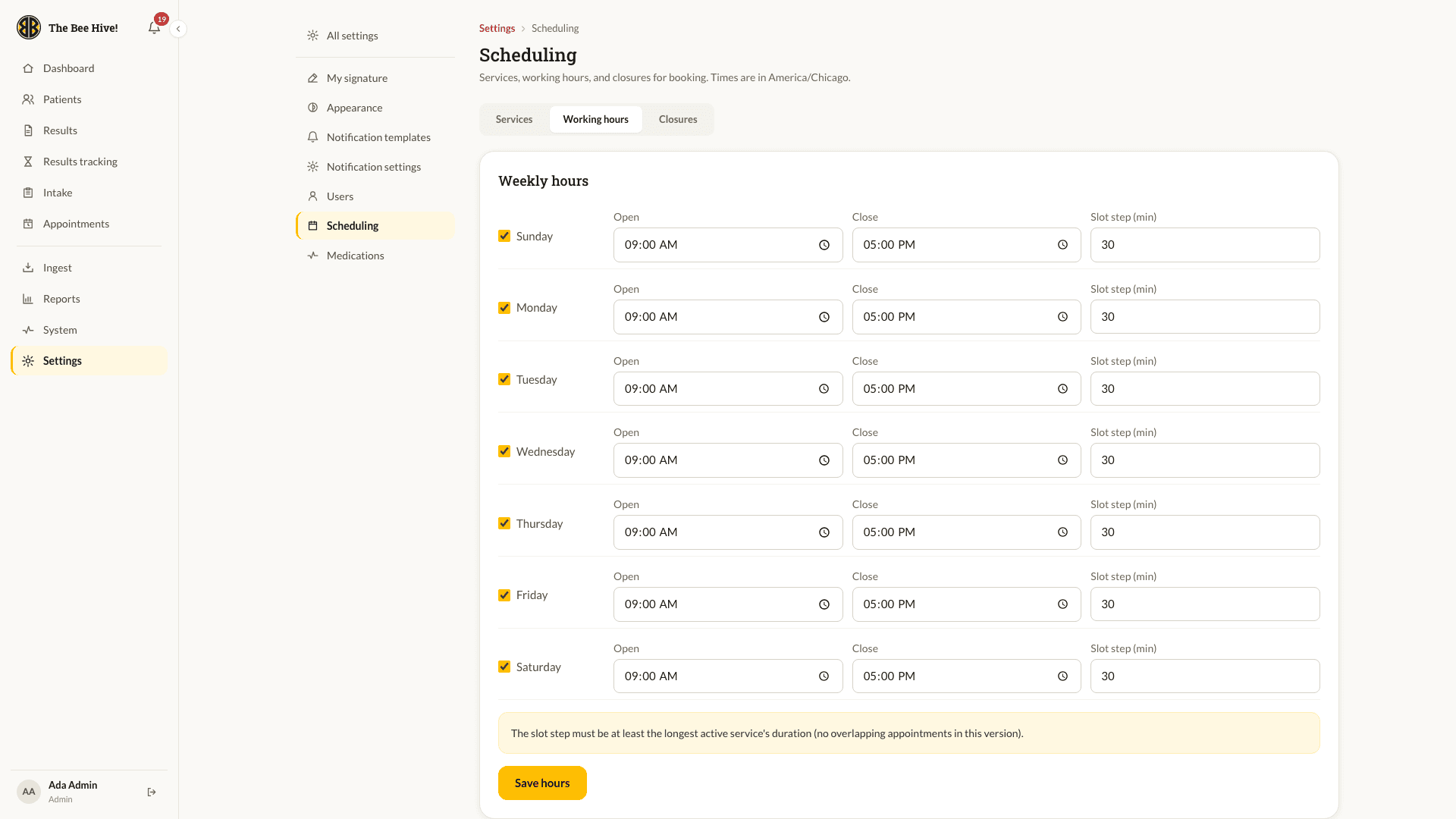 Scheduling settings, weekly working hours